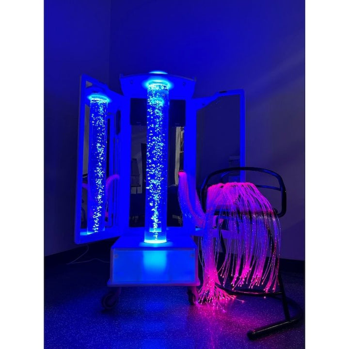 AHS Relaxation Mirrored Bubble Rover - Medical Grade - Corner View Complete Set Blue Light Pink Fiber