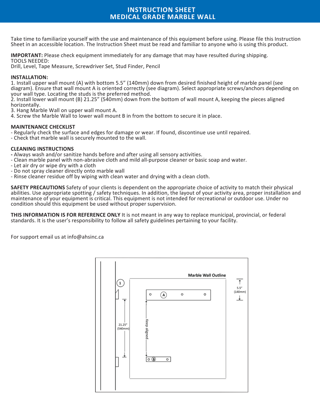 AHS Marvelous Sensory Marble Wall Panel Instruction List