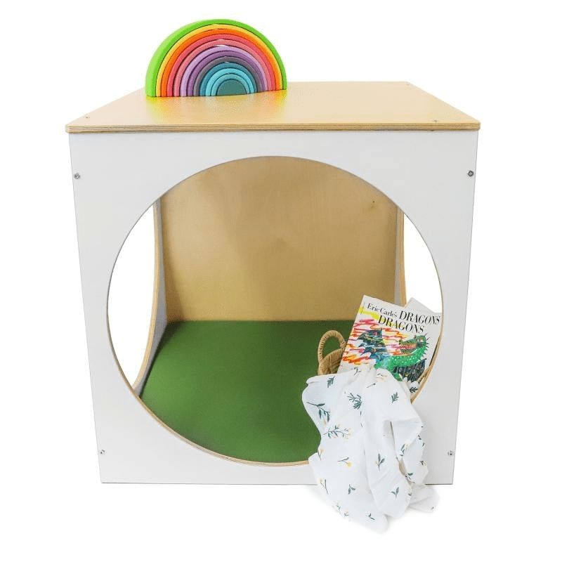Whitney Brothers elevatED Play House Cube with Floor Mat front view showing the 29" wide quiet space cube with 25-inch circular entry opening and the elevatED Collection contemporary design