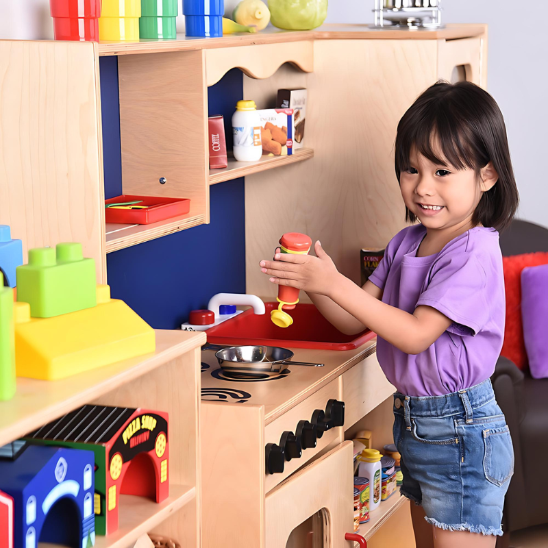 Constructive Playthings Five In One Kitchen Child Close Up View Play