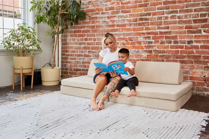 Kiddie Couch beige mom and child reading