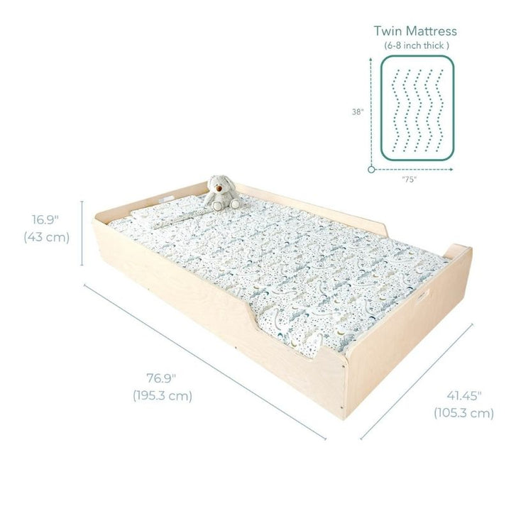 Sapiens Child - APPLE - Montessori Floor Bed with Rails - Landscape View Detailed Dimension