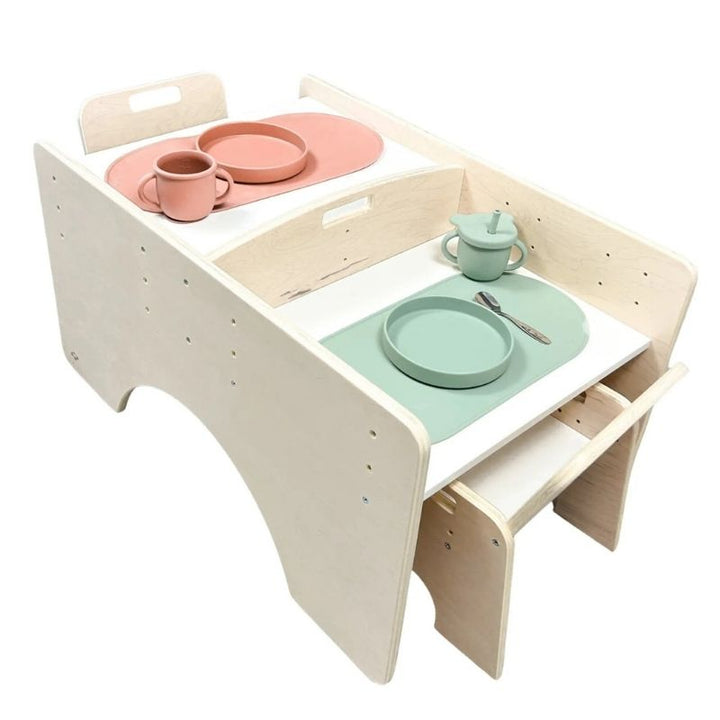 Sapiens Child - PAPAYA DOUBLE - Adjustable Montessori Table & Chair Set for Two - Landscape View With Toys Table Setting