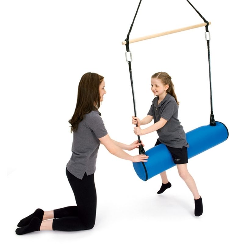 SouthpawAdvantageLine_2-in-1BolsterSwing_TrapezeBar_1child riding bolster swing with adult woman