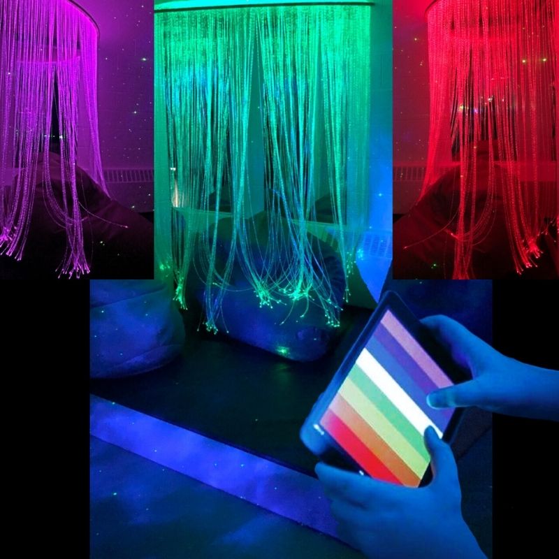 TFH Genie Quarter Circle Fiber Optic Curtain - Three image view and controller on hand