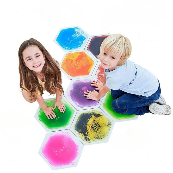 TFH Hexagon Liquid Floor Tiles - 9 Set - Top view two kids active play