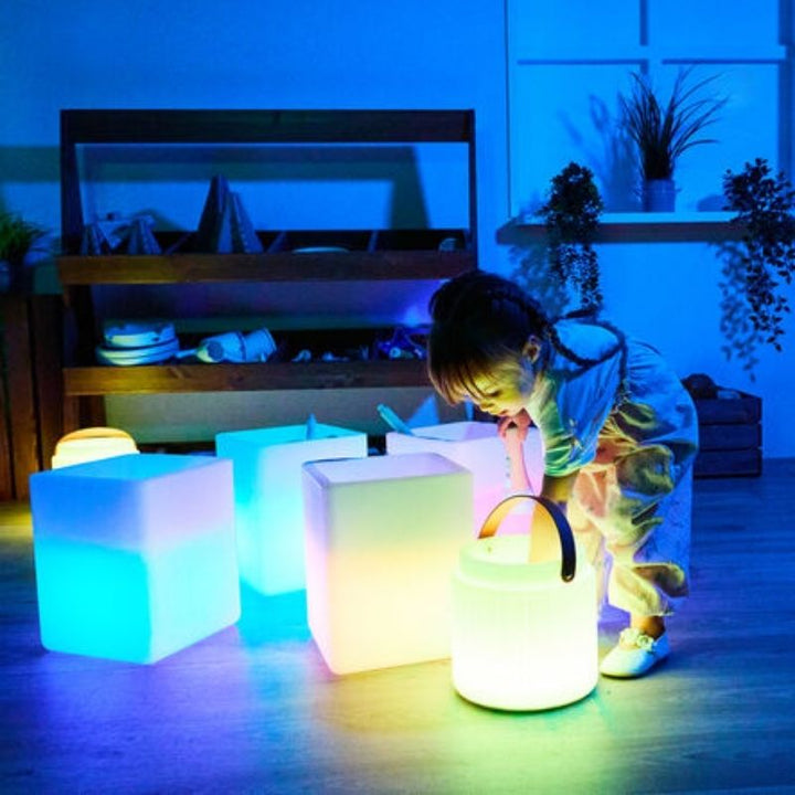 TTS Messy Play Glow Cube - Set of 4 - Landscape View Four Gloing Cubes And Bucket 