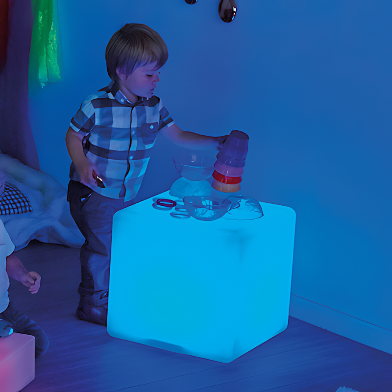 TTS Sensory Colour Changing Light Up Cube Child Active Play In Bluish Light