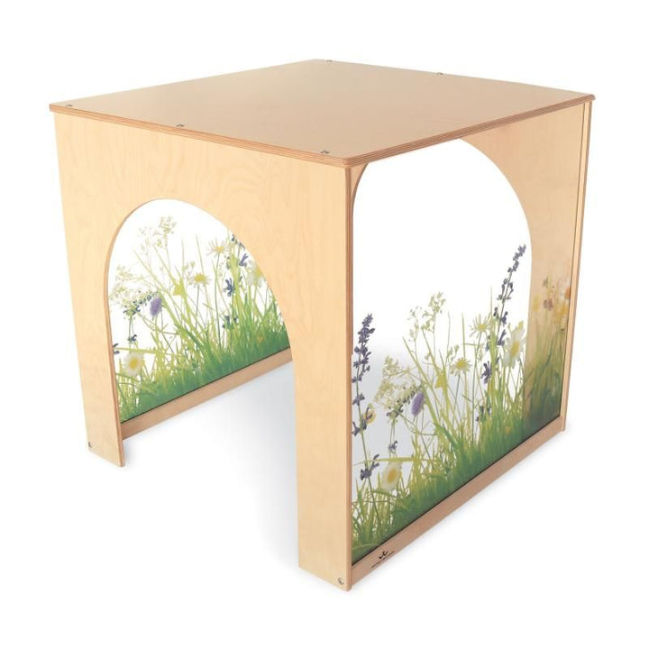 Whitney Brothers Nature View Play House Cube in birch plywood with arched tunnel openings and wildflower acrylic side walls, a biophilic quiet space playhouse