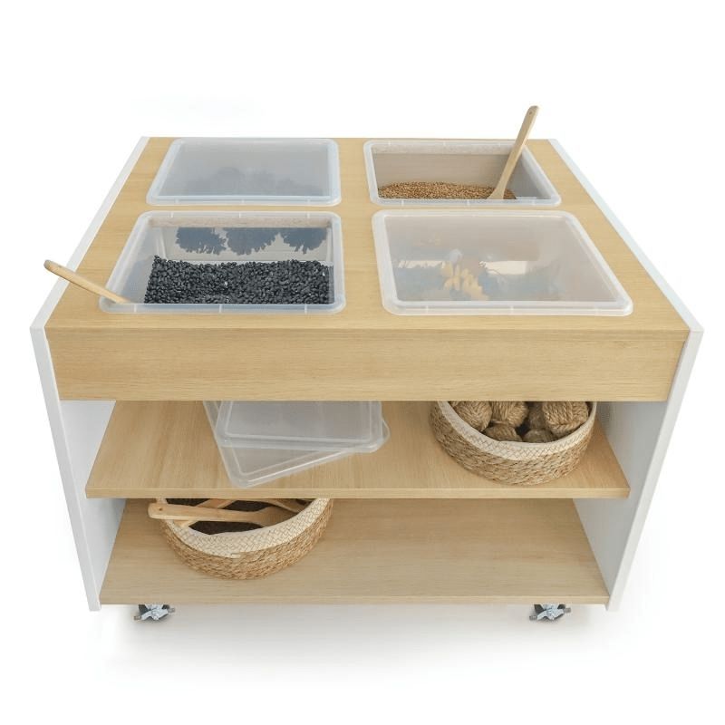 Whitney Brothers elevated™ Mobile Sensory Table-Front View With Containers and Baskets
