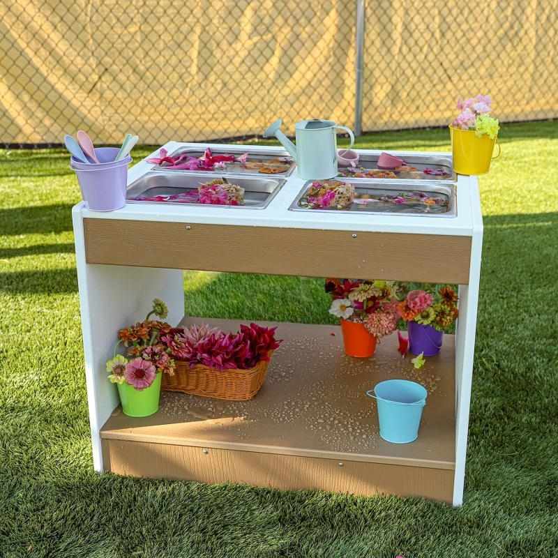 Whitney Brothers outdoored Sensory Table - Front View With Flowers Outdoor Setting