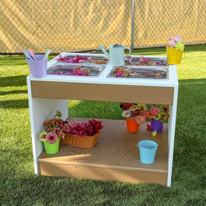 Whitney Brothers outdoored Sensory Table - Front View With Flowers Outdoor Setting