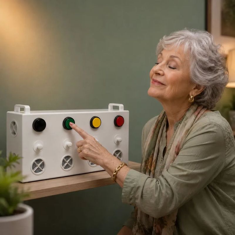 Older woman with eyes closed enjoying the scent from the TFH Aroma Fan & Light Reward System, a calming aromatherapy sensory experience for all ages