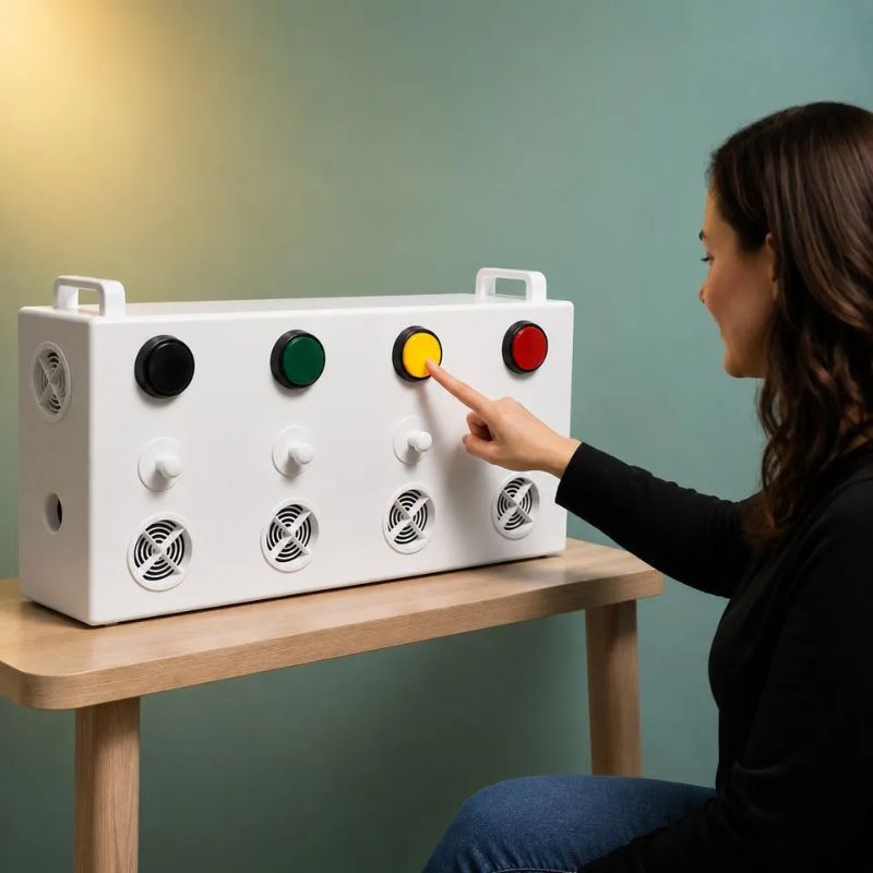 Woman pressing the yellow button on the TFH Aroma Fan & Light Reward System, an aromatherapy sensory tool with cause-and-effect buttons for scent exploration