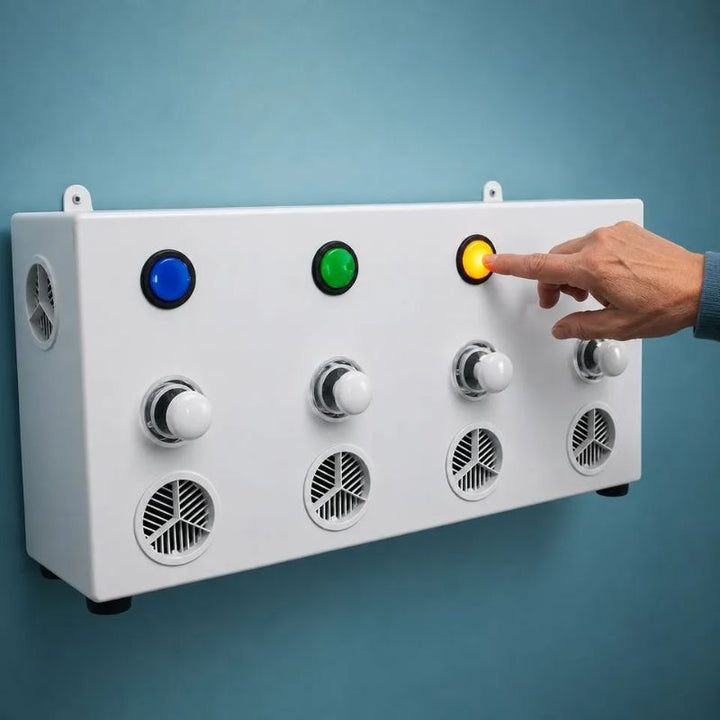 Hand pressing an illuminated button on the wall-mounted TFH Aroma Fan & Light Reward System, a scent and light sensory reward tool for sensory rooms