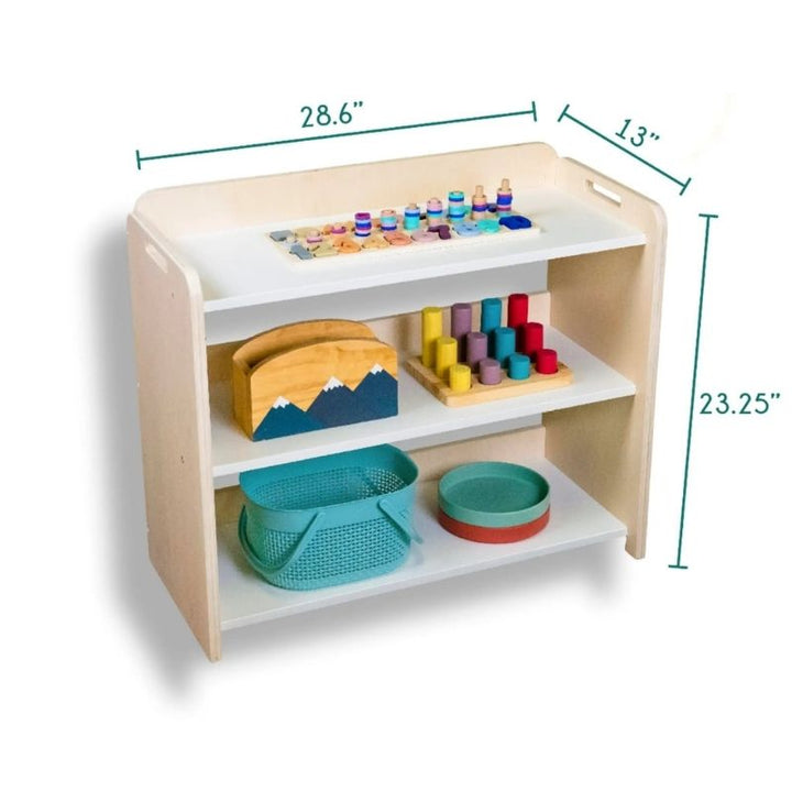 Sapiens Child Banana Montessori Shelf with Borders detailed dimension display showing the 23.25 inch height, 28.6 inch width, and 13 inch depth specifications for the Canadian-made child shelf