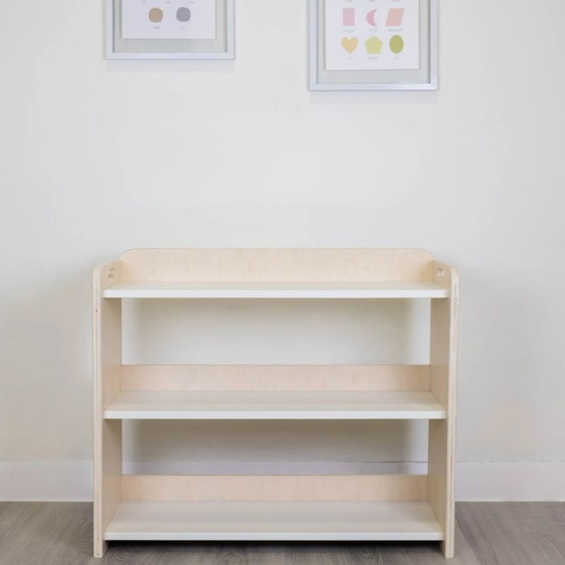 Sapiens Child Banana Montessori Shelf with Borders front view with empty shelves, showing the open-front non-toxic wood construction, rounded corners, and raised border design made in Vancouver Canada