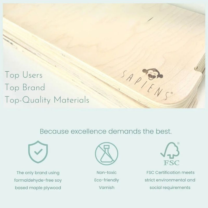 Sapiens Child Banana Montessori Shelf with Borders product information graphic showing key features, age range 12 months to 5 years, dimensions, and eco-friendly non-toxic materials overview