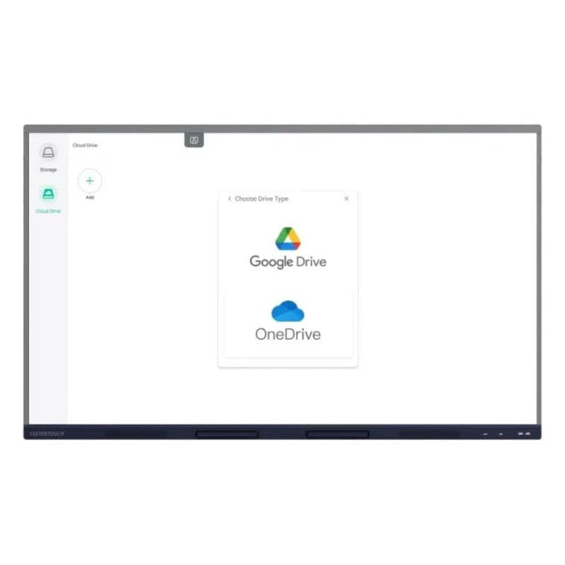 Boxlight Clevertouch Max 2 showing Google Drive, Microsoft 365, and app options on screen, demonstrating the flexible interface and cloud storage access for classroom teaching
