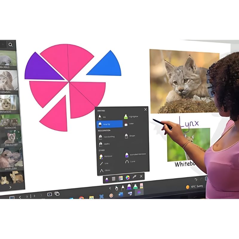 Teacher delivering an active lesson on the Boxlight MimioPro G 4K interactive display, demonstrating the 50-touch-point classroom presentation and collaboration capabilities