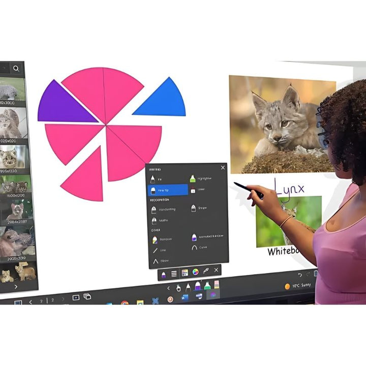 Teacher delivering an active lesson on the Boxlight MimioPro G 4K interactive display, demonstrating the 50-touch-point classroom presentation and collaboration capabilities