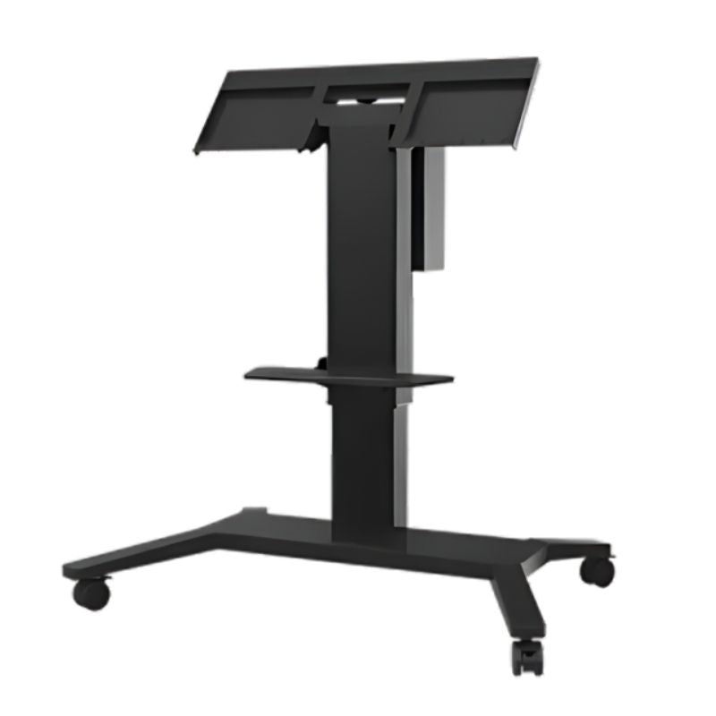 Boxlight Mobile Height-Adjustable and Tilting Electric Stand clean landscape view showing the motorised tilt column and wheeled base for interactive flat panel displays from 46 to 100 inches