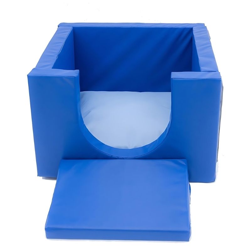 Children's Factory Cozy Cube clean front view showing the soft vinyl foam enclosure, crawl-through opening with ramp, and open roof design for infant and toddler quiet play spaces