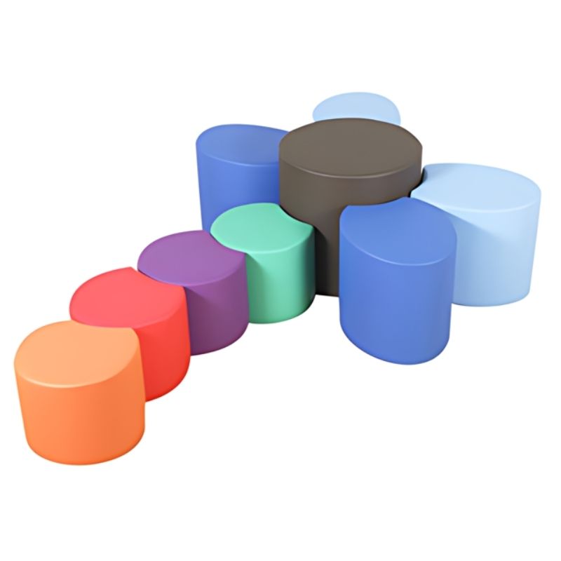 Children's Factory Dragonfly Seating Set full landscape view showing all seven colour-coded foam shapes assembled into the dragonfly configuration for classroom floor seating