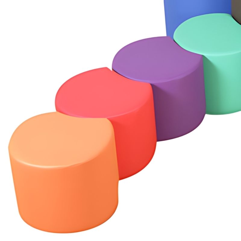 Close-up of the tail section of the Children's Factory Dragonfly Seating Set showing the individual colour-coded soft foam pieces and their rearrangeable design