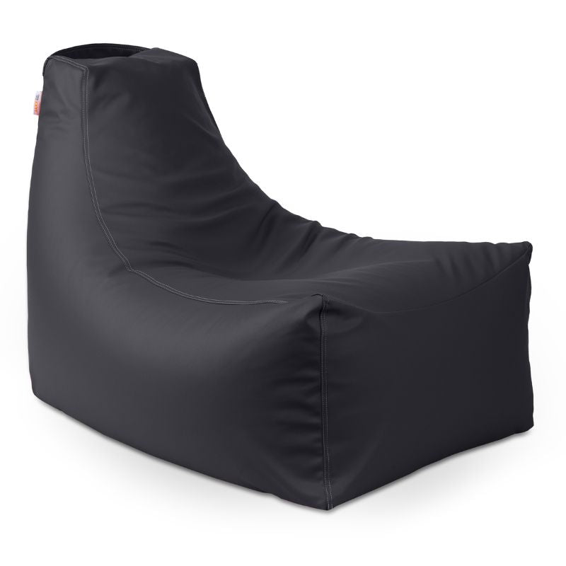 Jaxx Pezzi classroom bean bag chair in black vinyl with contrast double stitching, a durable vinyl bean bag chair