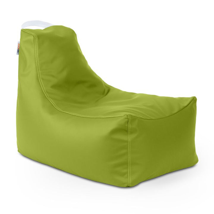 Jaxx Pezzi classroom bean bag chair in green vinyl with a carry handle, bright seating for reading nooks