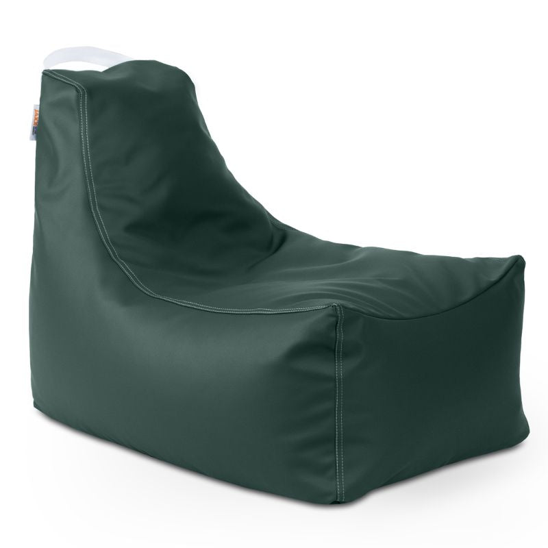 Jaxx Pezzi classroom bean bag chair in sequoia green vinyl with a carry handle, durable seating for sensory rooms