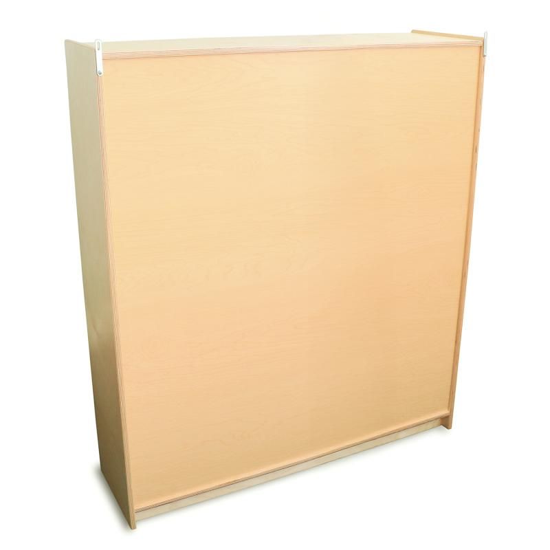 Back of the Whitney Brothers Four Section Coat Locker showing the finished back board and wall-attached safety brackets on this classroom coat locker
