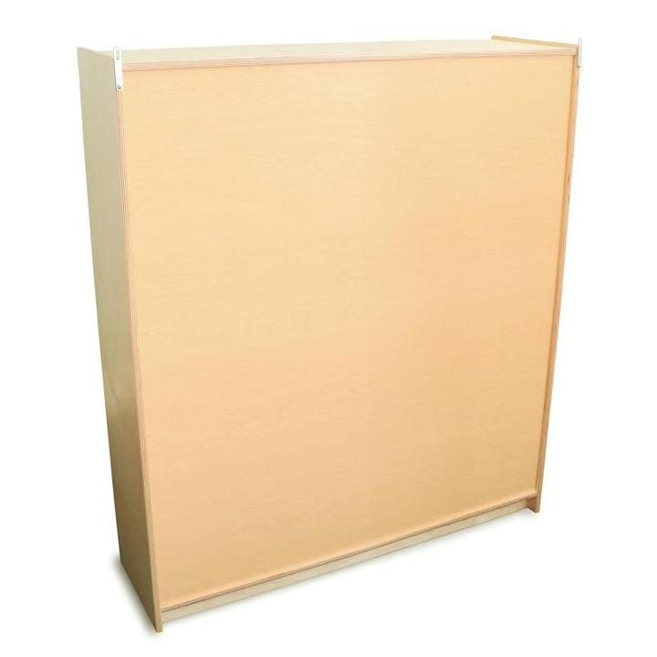 Back of the Whitney Brothers Four Section Coat Locker showing the finished back board and wall-attached safety brackets on this classroom coat locker