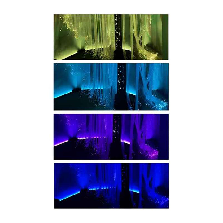 TFH Genie Colour Wash Kit base lighting cycling through green, blue and purple beneath a fibre optic curtain sensory feature