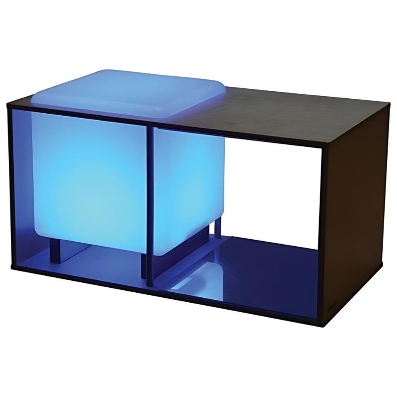 Constructive Playthings Ultimate Light Studio with blue LED light cube glowing on one side, showing the dual-sided birch plywood sensory light and mirror studio for classrooms