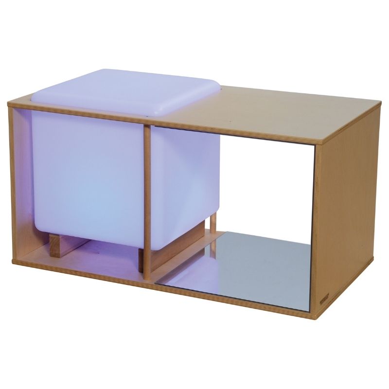 Constructive Playthings Ultimate Light Studio with purple LED light illuminating the portable rechargeable cube, demonstrating the 16-colour sensory light studio for early childhood settings