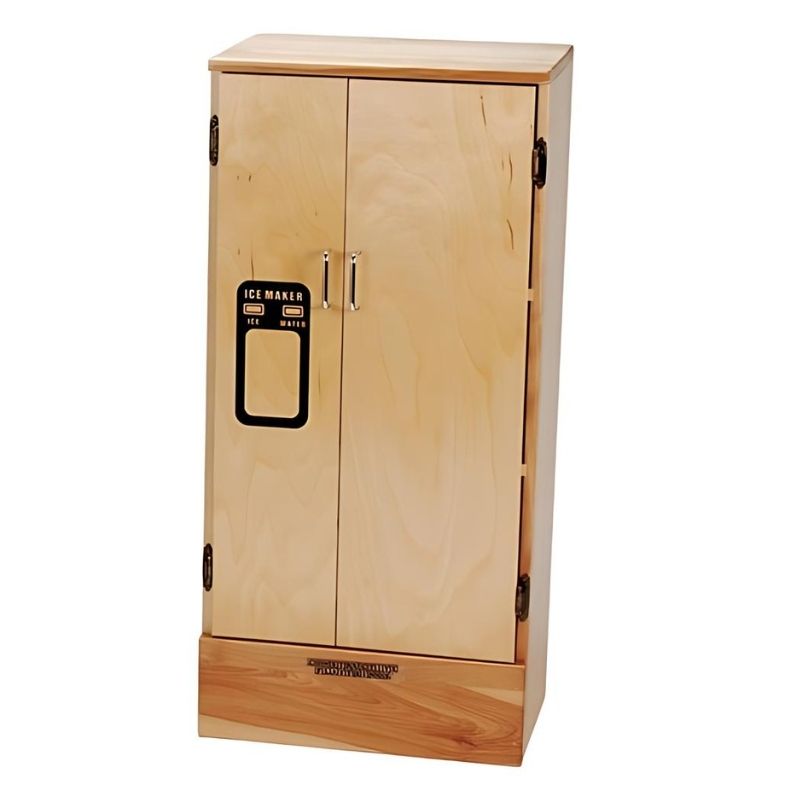 Constructive Playthings Town & Country Kitchen refrigerator in solid maple showing the ice maker in the freezer door and chrome hardware, a realistic detail for early childhood dramatic play