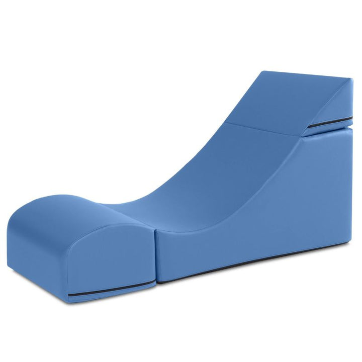 Jaxx Flexx convertible foam chair in blue vinyl shown in its expanded lounge shape, a flexible seating chair for schools