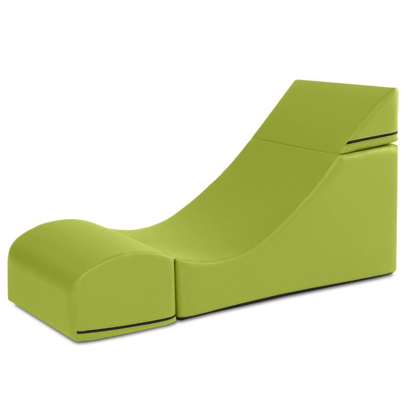Jaxx Flexx convertible foam chair in green vinyl shown in its expanded lounge shape, flexible seating for kids in classrooms and homes