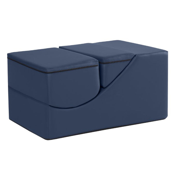 Jaxx Flexx convertible foam chair in navy blue vinyl folded into its table and bench configuration for classrooms