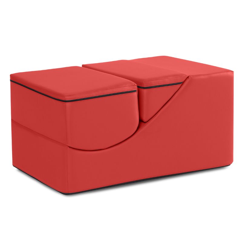 Jaxx Flexx convertible foam chair in red vinyl folded into its table and bench configuration for classrooms
