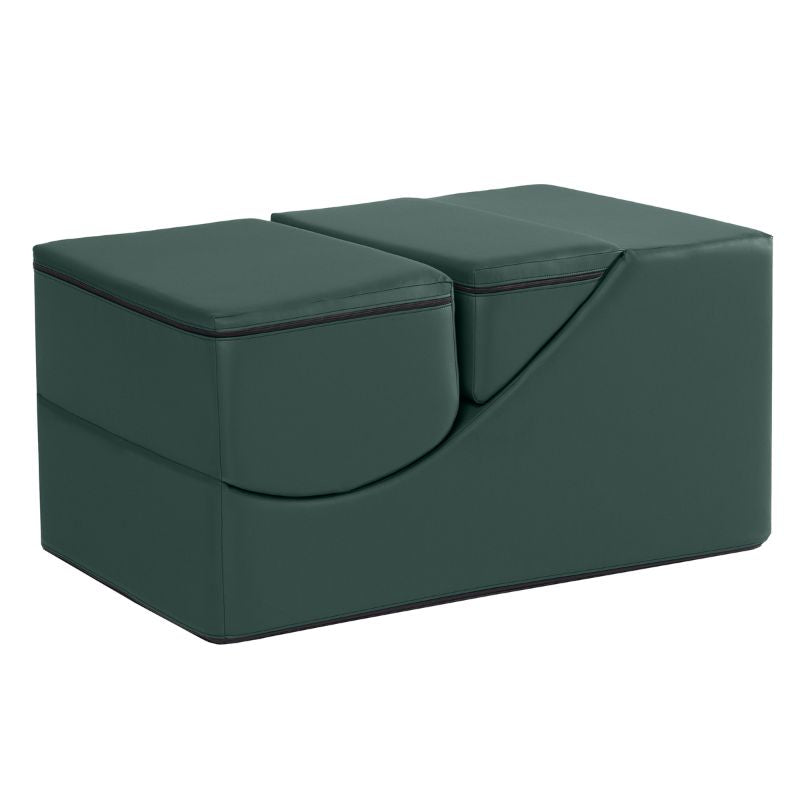 Jaxx Flexx convertible foam chair in deep sequoia green vinyl folded into a bench for calm corners and classrooms