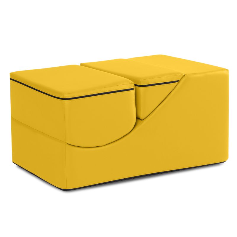 Jaxx Flexx convertible foam chair in yellow vinyl folded into a table and bench, flexible seating for kids