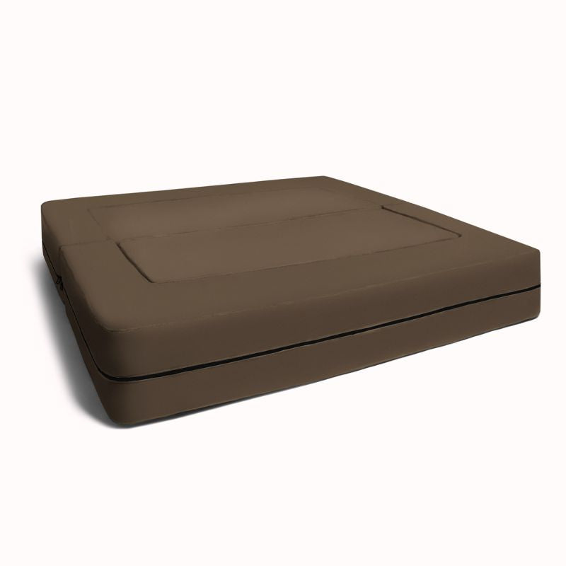 Jaxx Zipline convertible kids sofa in brown, unfolded flat to reveal the play table and bed configuration