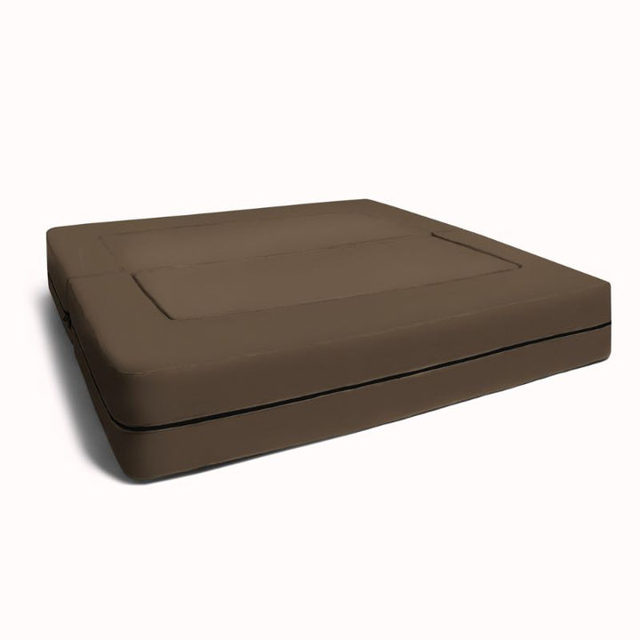 Jaxx Zipline convertible kids sofa in brown, unfolded flat to reveal the play table and bed configuration