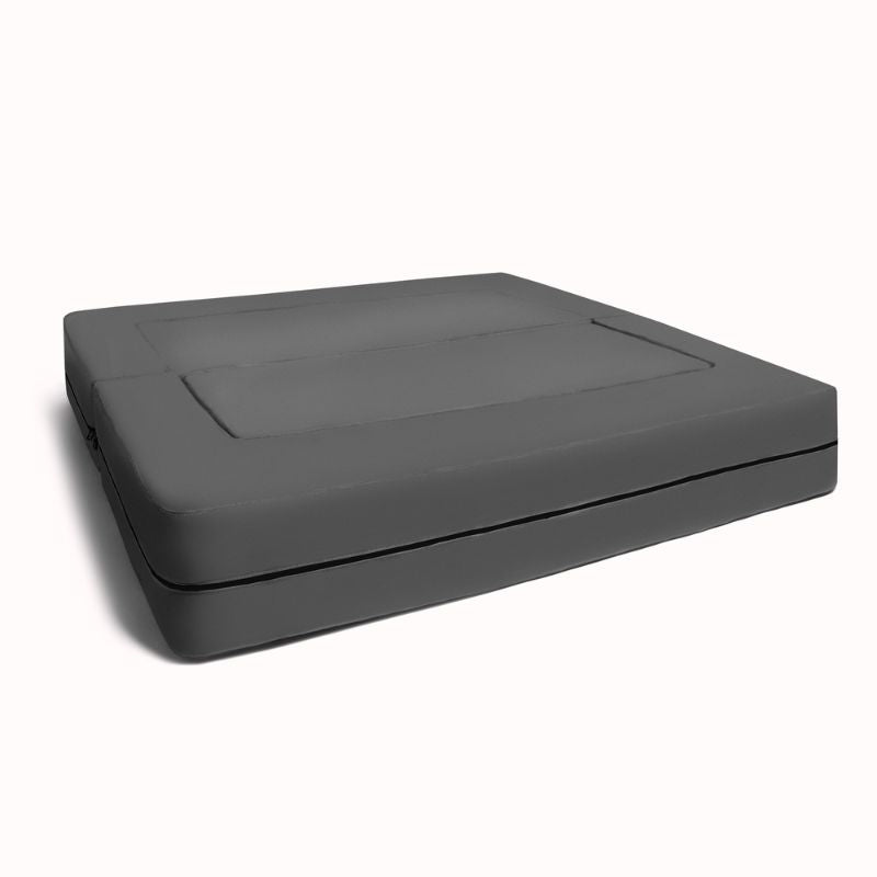 Jaxx Zipline flip sofa in grey, folded out flat as a lounging bed for kids' rooms and classrooms