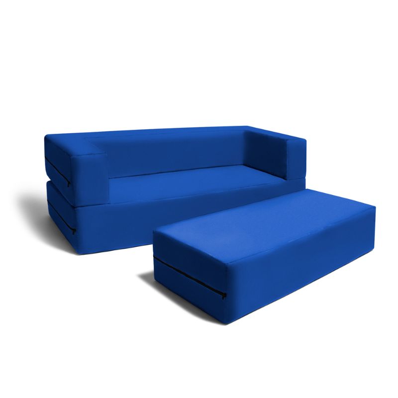 Jaxx Zipline convertible kids sofa and ottoman set in blue, a flip sofa that folds flat into a bed or play table