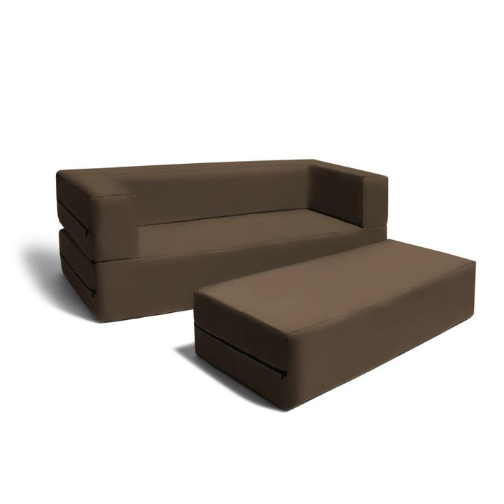Jaxx Zipline convertible kids sofa and ottoman set in brown, shown ready to fold into a play table or lounging bed