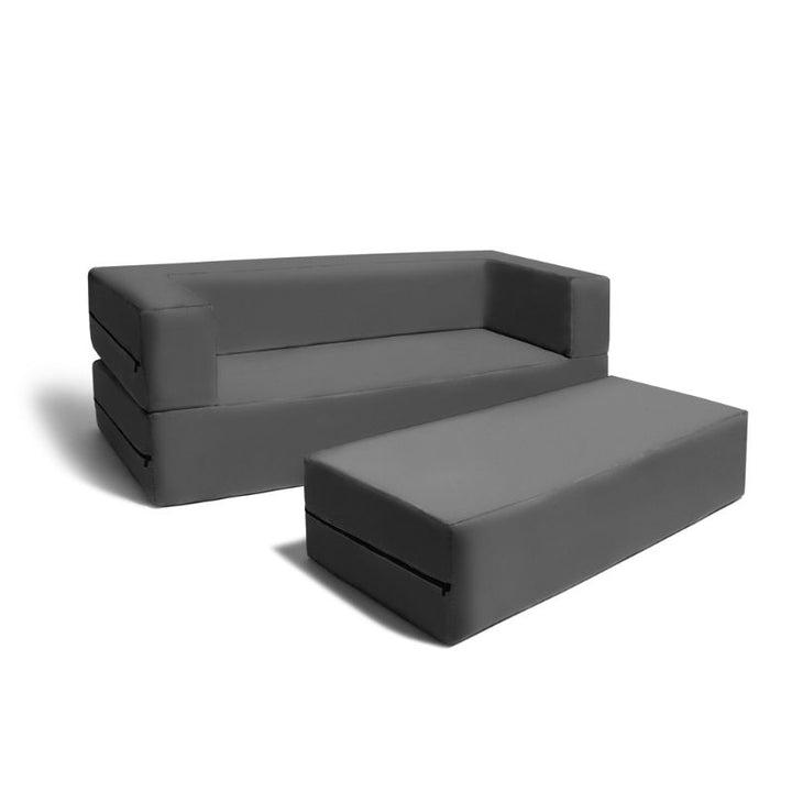 Jaxx Zipline convertible kids sofa and ottoman set in grey, showing the microsuede cover and modular foam construction